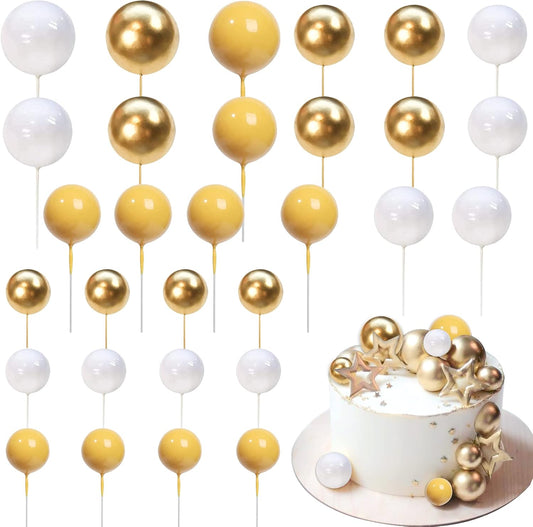 Rsstarxi 30 PCS Bubble Balls Cake Topper Foam Ball Cake Picks Mini Balloon Cupcake Insert DIY Decoration for Baby Shower Anniversary Kids Birthday Party Cake Decorations Gold Yellow White