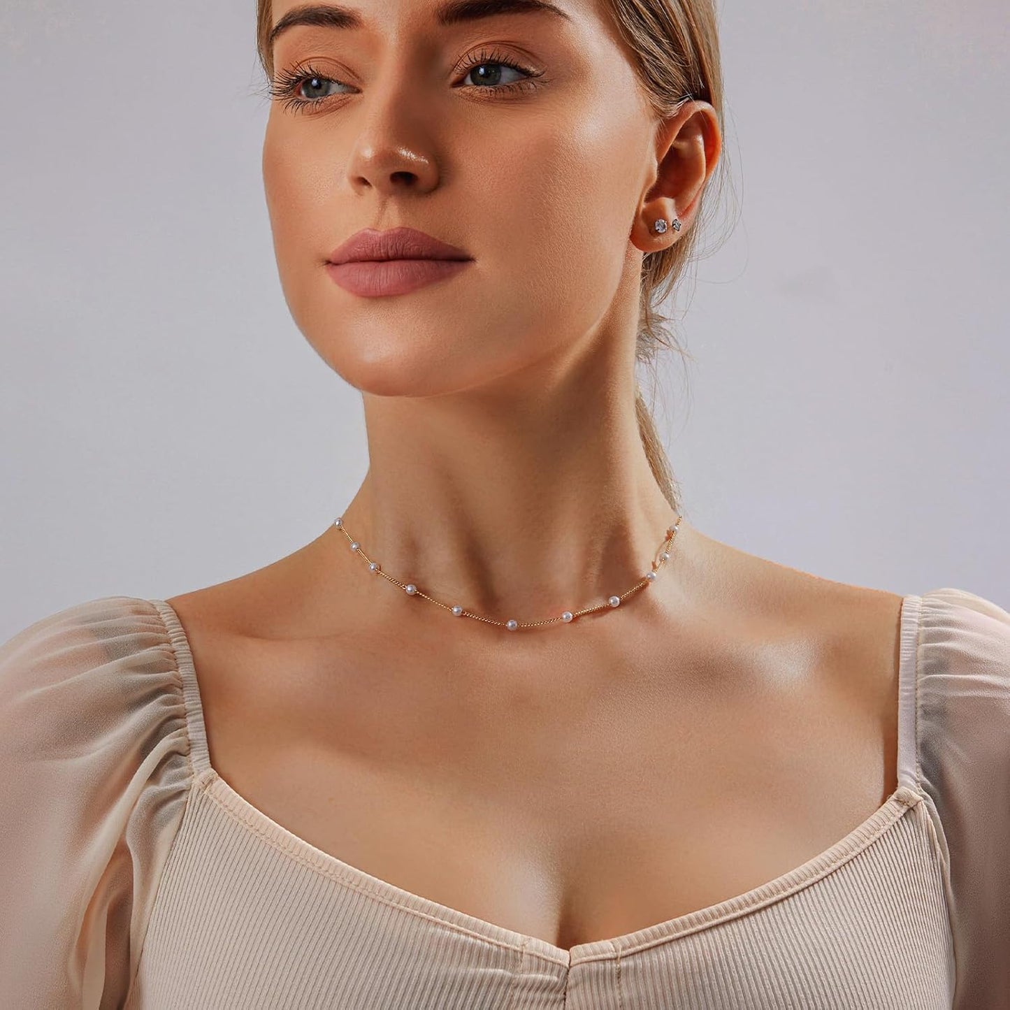 OGD Gold Pearl Necklaces Set for Women 14K Gold Plated Dainty Layered Pearl Cute Daisy Pearl Choker Gold Necklace Gifts for Women Gold Trendy Jewelry Gifts