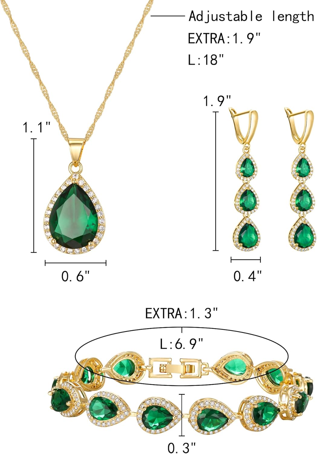 EleQueen Water Drop Pendant Necklace Long Dangle Earrings Tennis Bracelet Set, Sparkle Cubic Zirconia Teardrop Wedding Jewelry Sets for Bride Bridesmaid