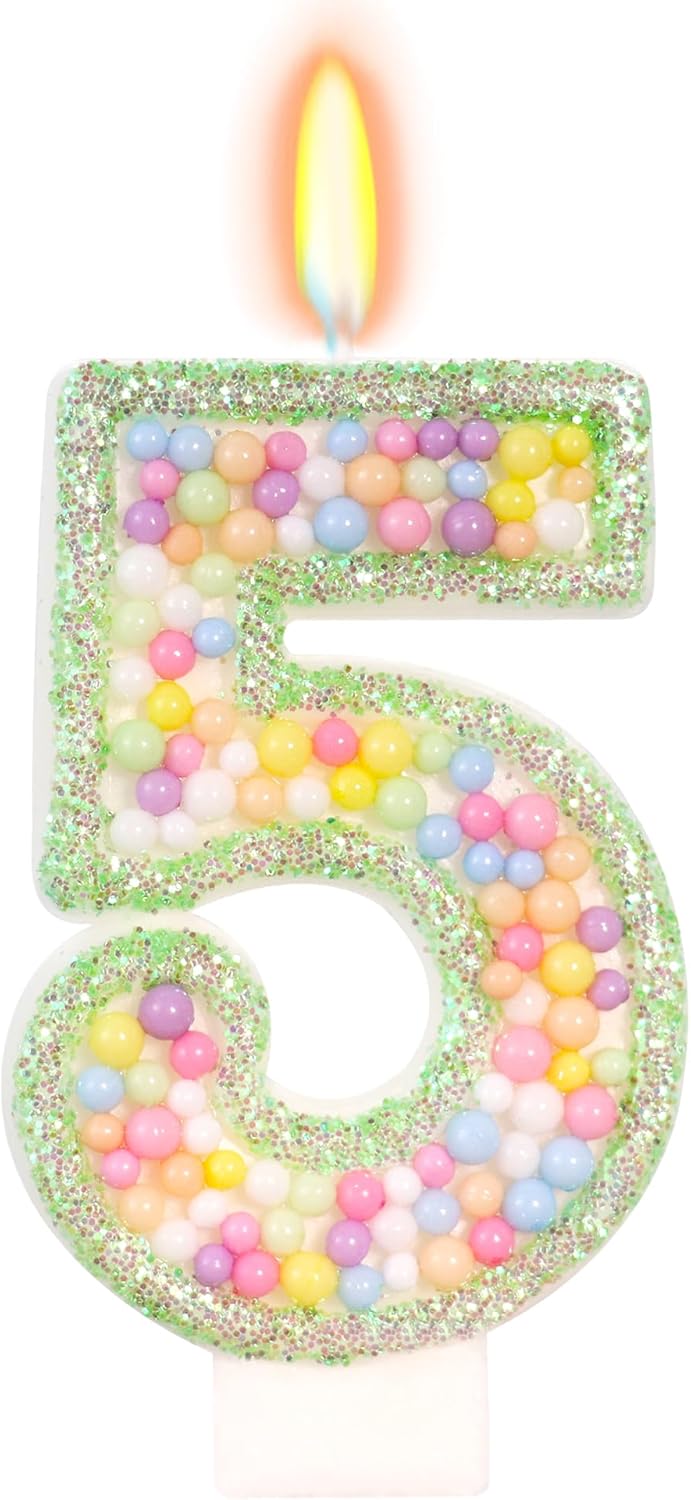 Birthday Candles - Number 5 Candle, Colorful Macaron Candles for Boys/Girls, Green Cake Decorations, Music Game Themed Party Supplies