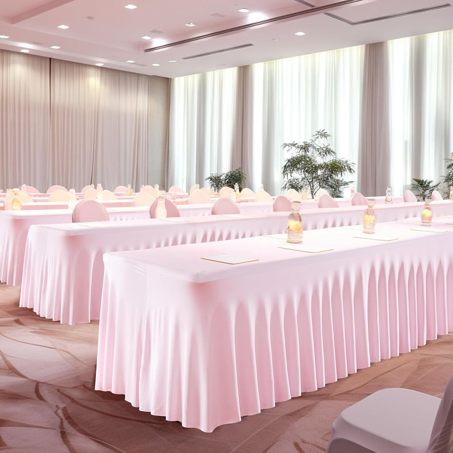 2 Packs Pink Table Clothes for 8 Foot Rectangle Tables, One-Piece Wrinkle Resistant Stretch Spandex Table Covers with Skirt for Event Banquet Wedding Birthday Party