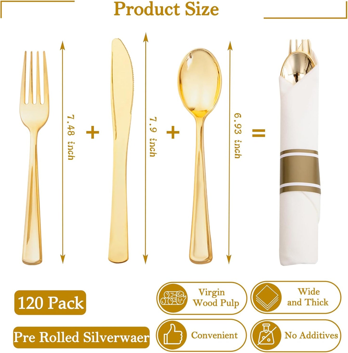 Supernal 120Pack Gold Plastic Silverware Wrapped Plastic Cutlery Set with Napkin,Pre Rolled Napkins with Cutlery Set,Rolled Silverware Disposable For Halloween Thanksgiving Christmas