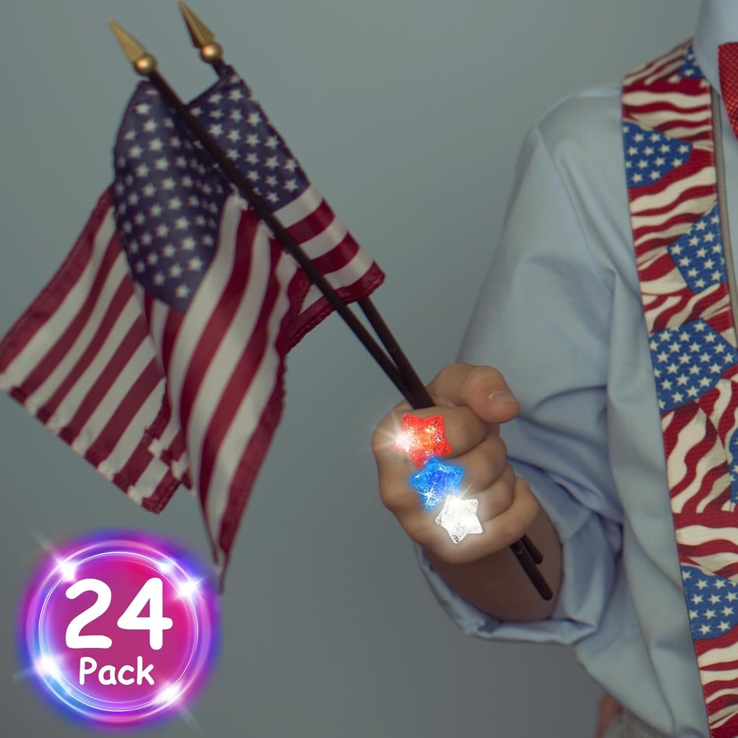 24 Pack Light Up Star Rings Glow in the Dark Party Flashing LED Jelly Finger Rings for July 4th,Halloween,Christmas,Concert,Goodie Bag Fillers,Raves