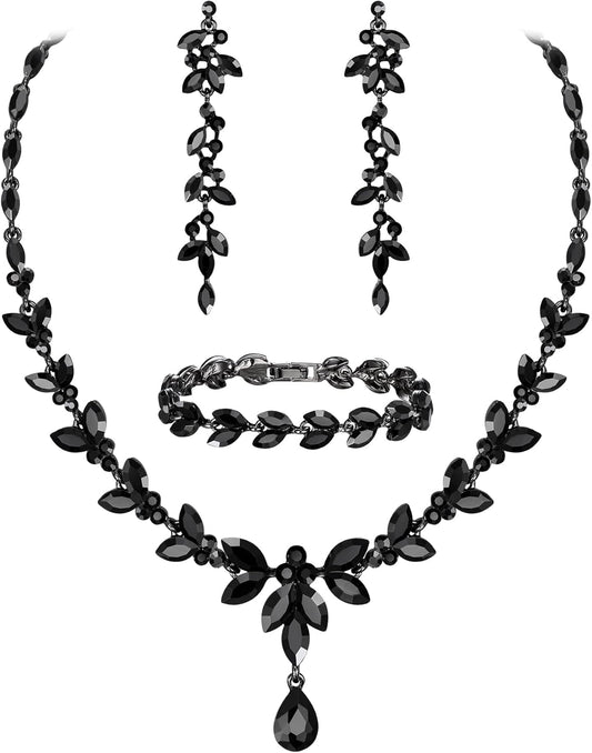 EVER FAITH Austrian Crystal Bridal Bridesmaid Jewelry Sets, Elegant Marquise Rhinestone Leaf Necklace Dangle Earrings Tennis Bracelet Set for Women