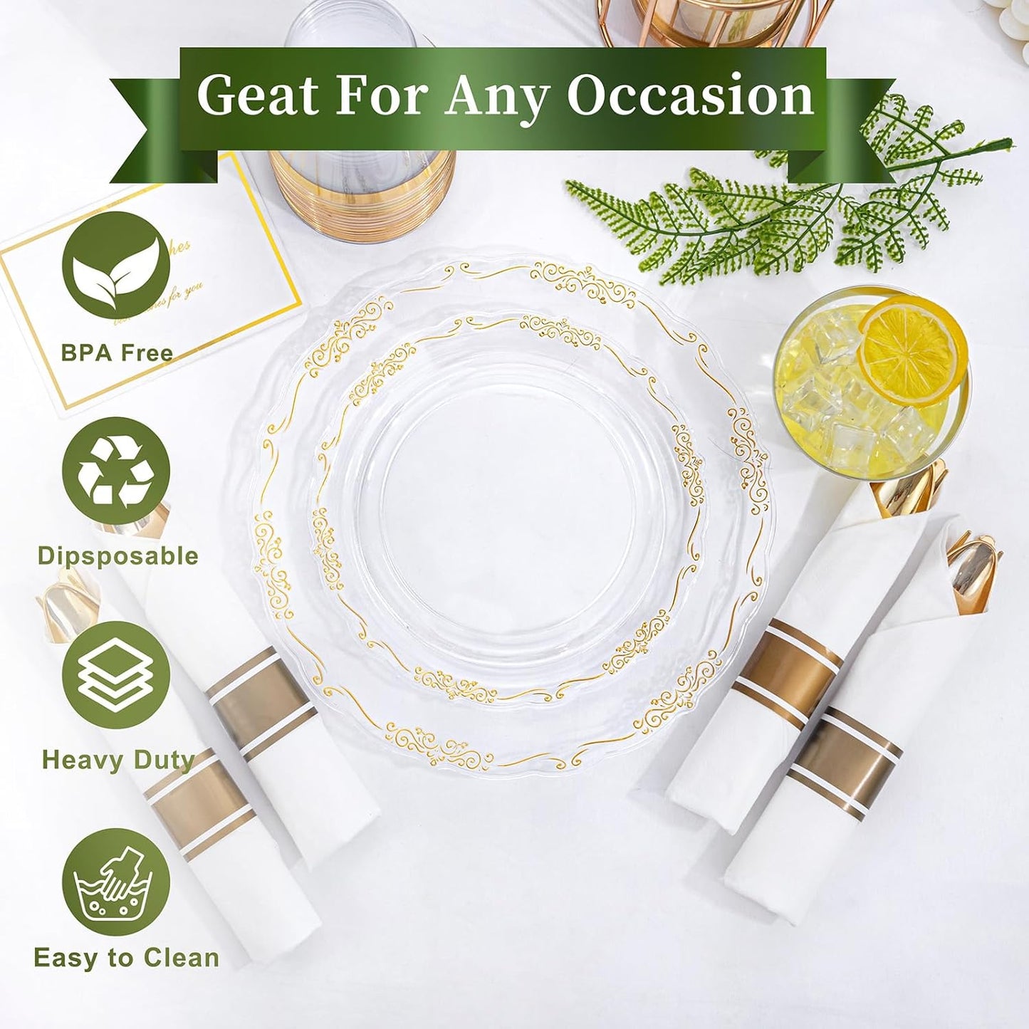 U-QE 175 Pieces Gold Plastic Plates and Napkins Party Supplies - Clear and Gold Dinnerware Set 25 Guest - 25 Dinner Plates, 25 Dessert Plates, 25 Per Rolled Napkins with Cutlery, 25 Cups 9 OZ