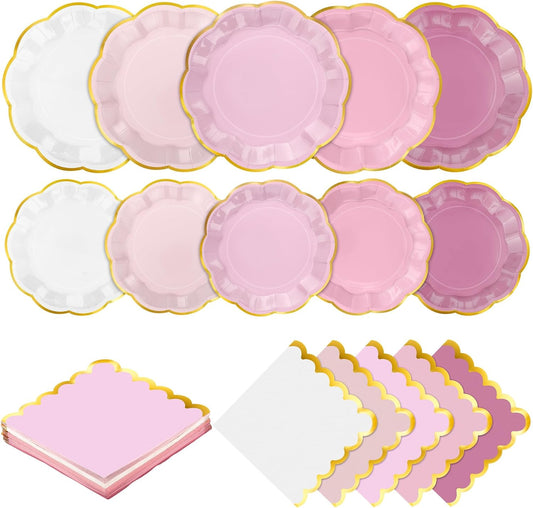 100 Pcs Dusty Pink Paper Plates and Napkins Gold Foil Scalloped Paper Plates & Napkins Disposable Tableware Set for Birthday Wedding Baby Shower Party Decorations