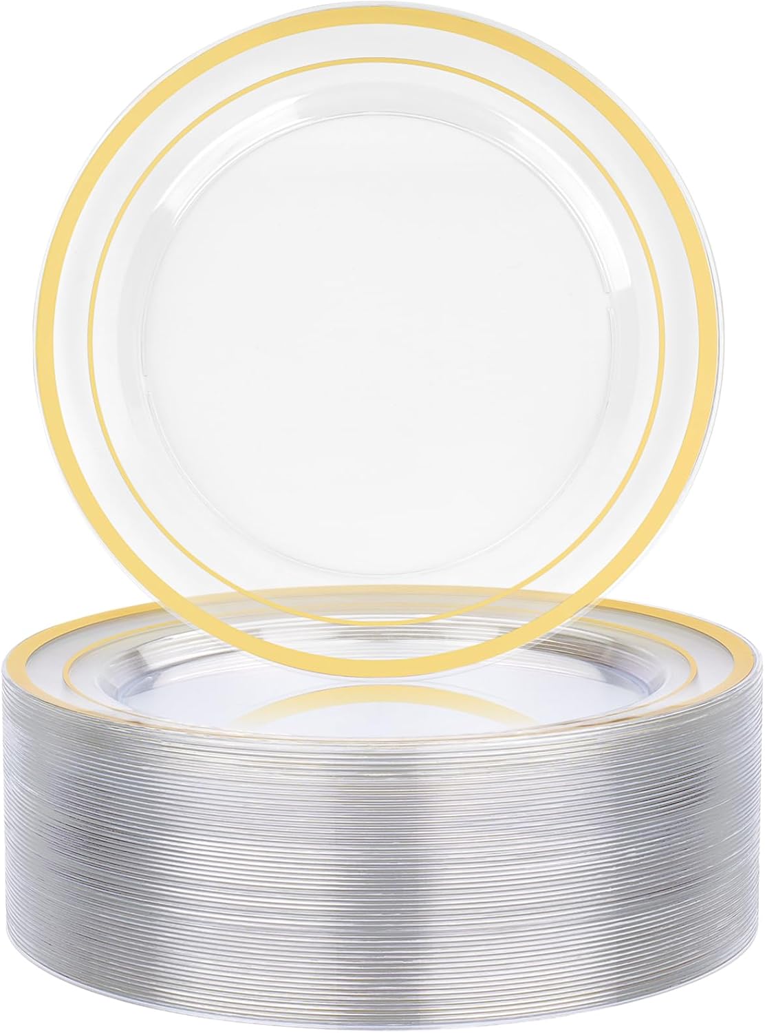 BESTVIP 50PCS 7" Clear Gold Plastic Plates, Disposable Salad Dessert Plate with Gold Rim for Christmas, Thanksgiving, Heavy Duty Disposable Plastic Plates for Party, Wedding and Birthday, Events