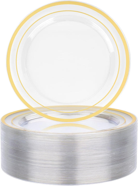 BESTVIP 50PCS 7" Clear Gold Plastic Plates, Disposable Salad Dessert Plate with Gold Rim for Christmas, Thanksgiving, Heavy Duty Disposable Plastic Plates for Party, Wedding and Birthday, Events