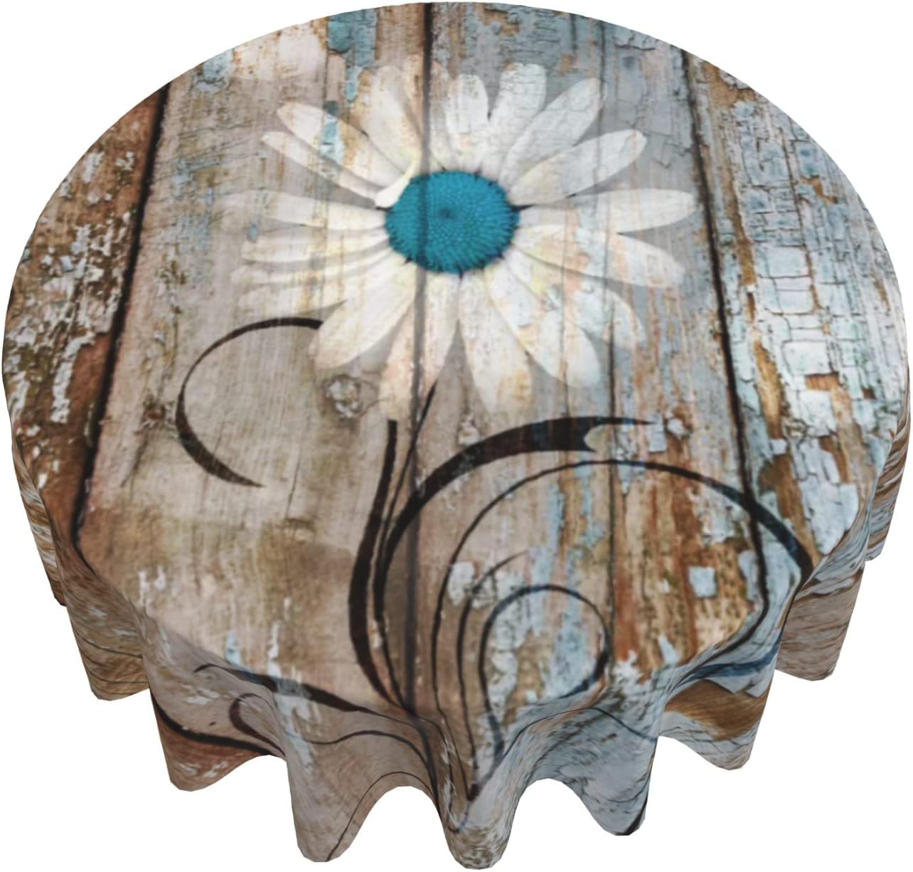 Giwawa Rustic Daisy Round Tablecloth 60" Vintage Flower on Wood Grain Board Circle Table Cloth Cabin Country Style Table Cover Heat Resistant for Kitchen Dining Indoor Outdoor Farmhouse Decor