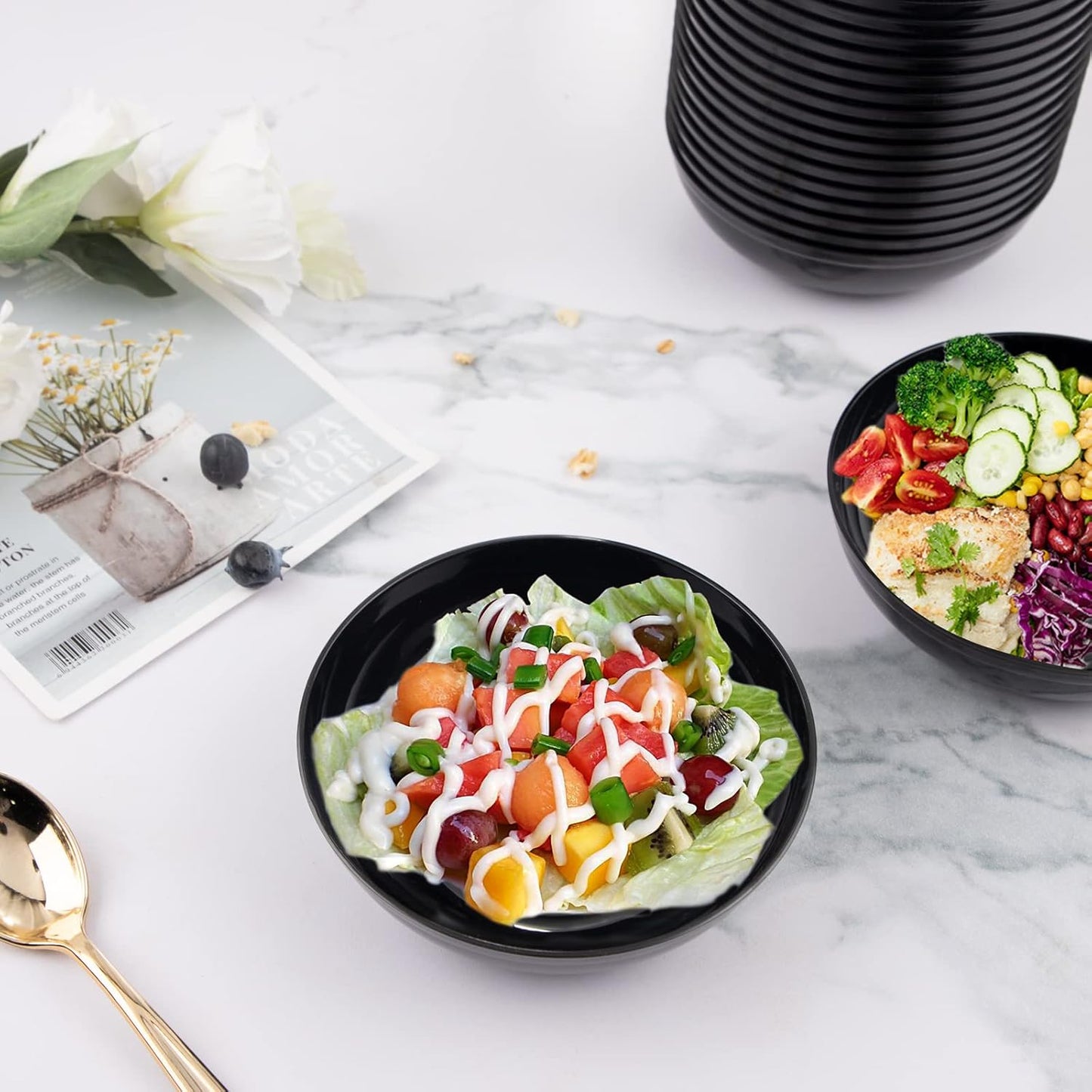 bUCLA 50Pack Black Plastic Bowls - 10oz Disposable Black Plastic Salsa/Serving Bowls - Ideal for Party & New Year