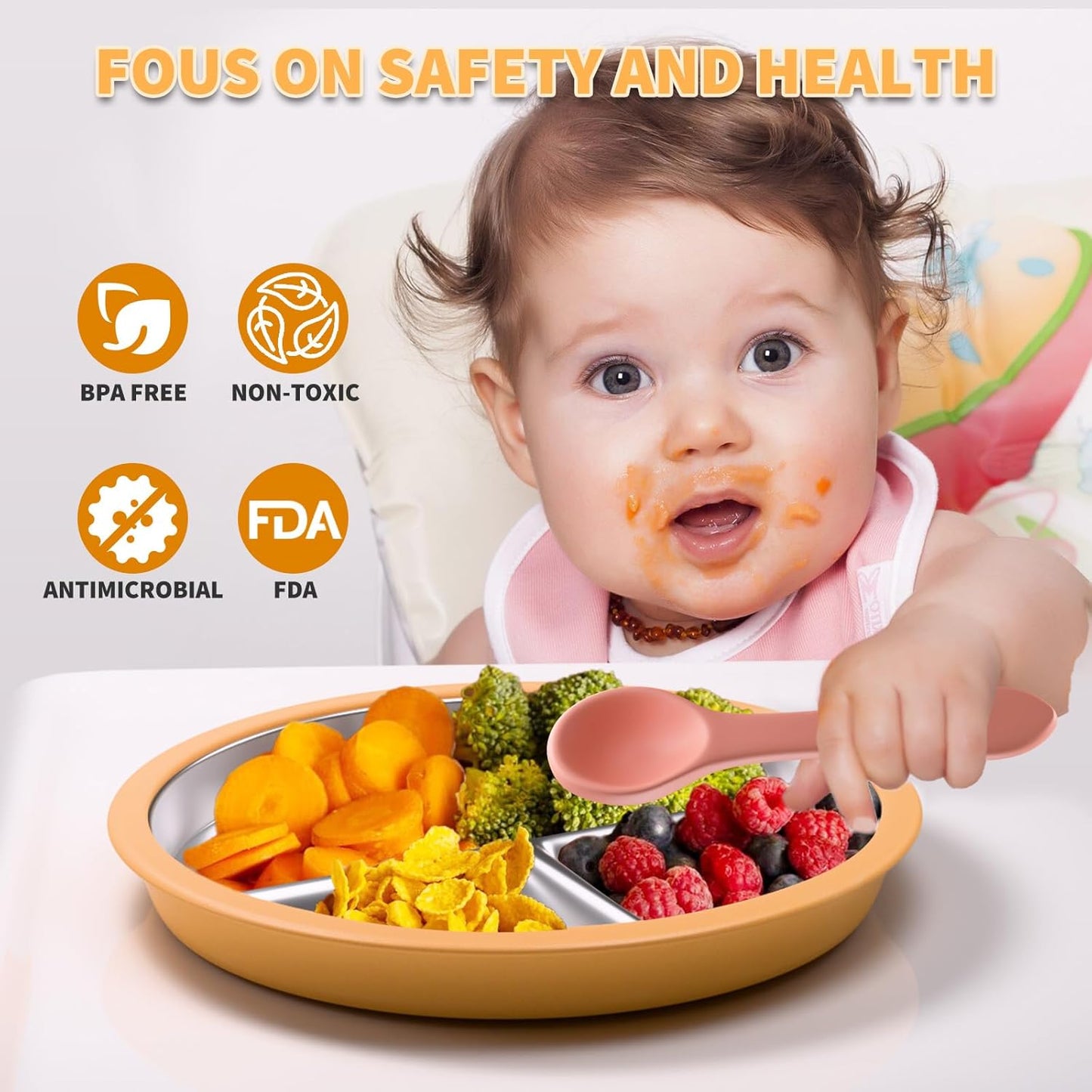 Stainless Steel Toddler Plate with Suction, 9” Divided Plates with Removable Silicone Sleeves for Kids, Non Toxic & BPA Free | Non Slip | Unbreakable Baby Snack Dishes Set of 2, Green & Orange