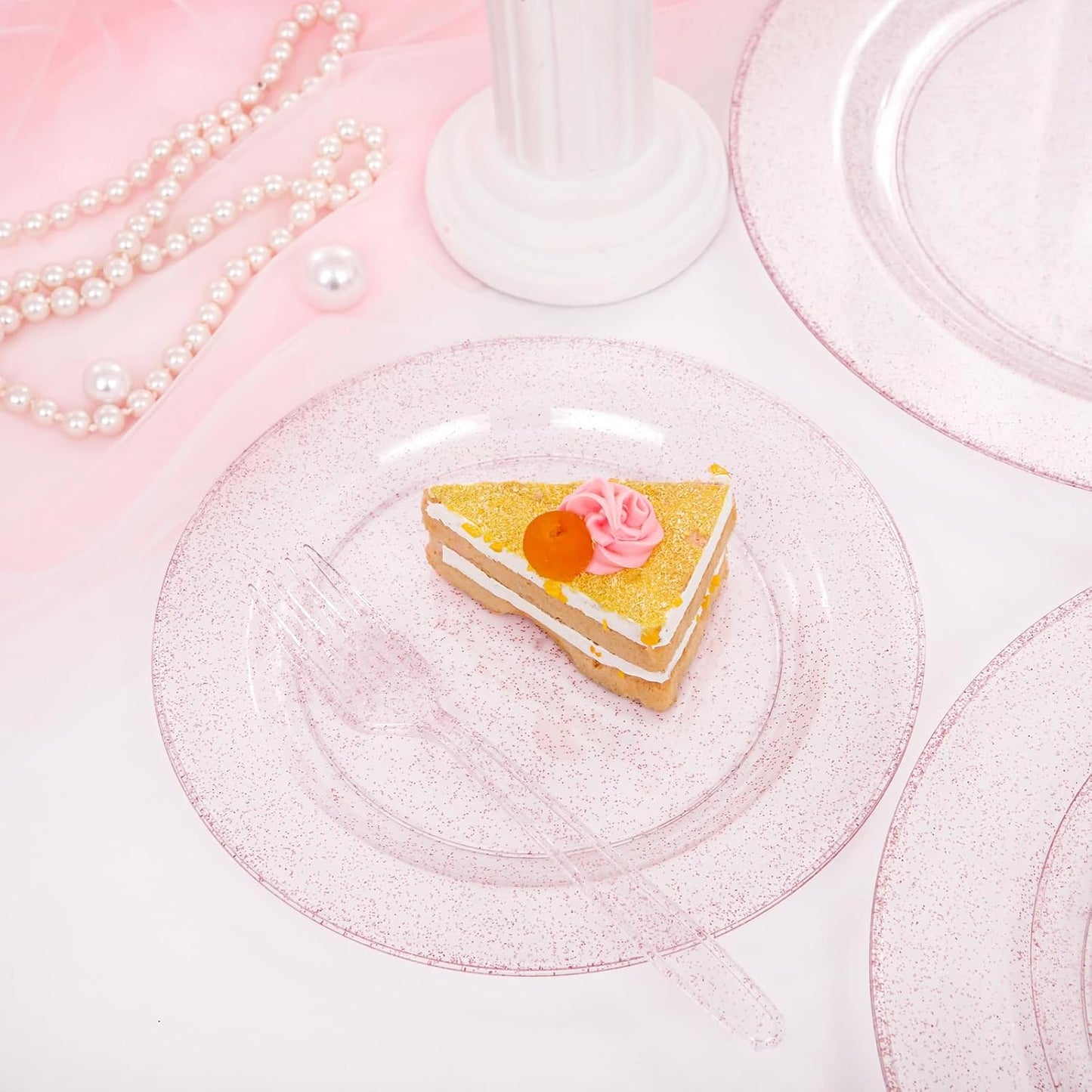 WDF 120pcs Pink Plastic Plates Disposable - Clear Pink Glitter Plates for Valentine's Day/Wedding including 60PCS Dinner Plates 10.25inch and 60PCS Salad Plates 7.5inch for Wedding/Party