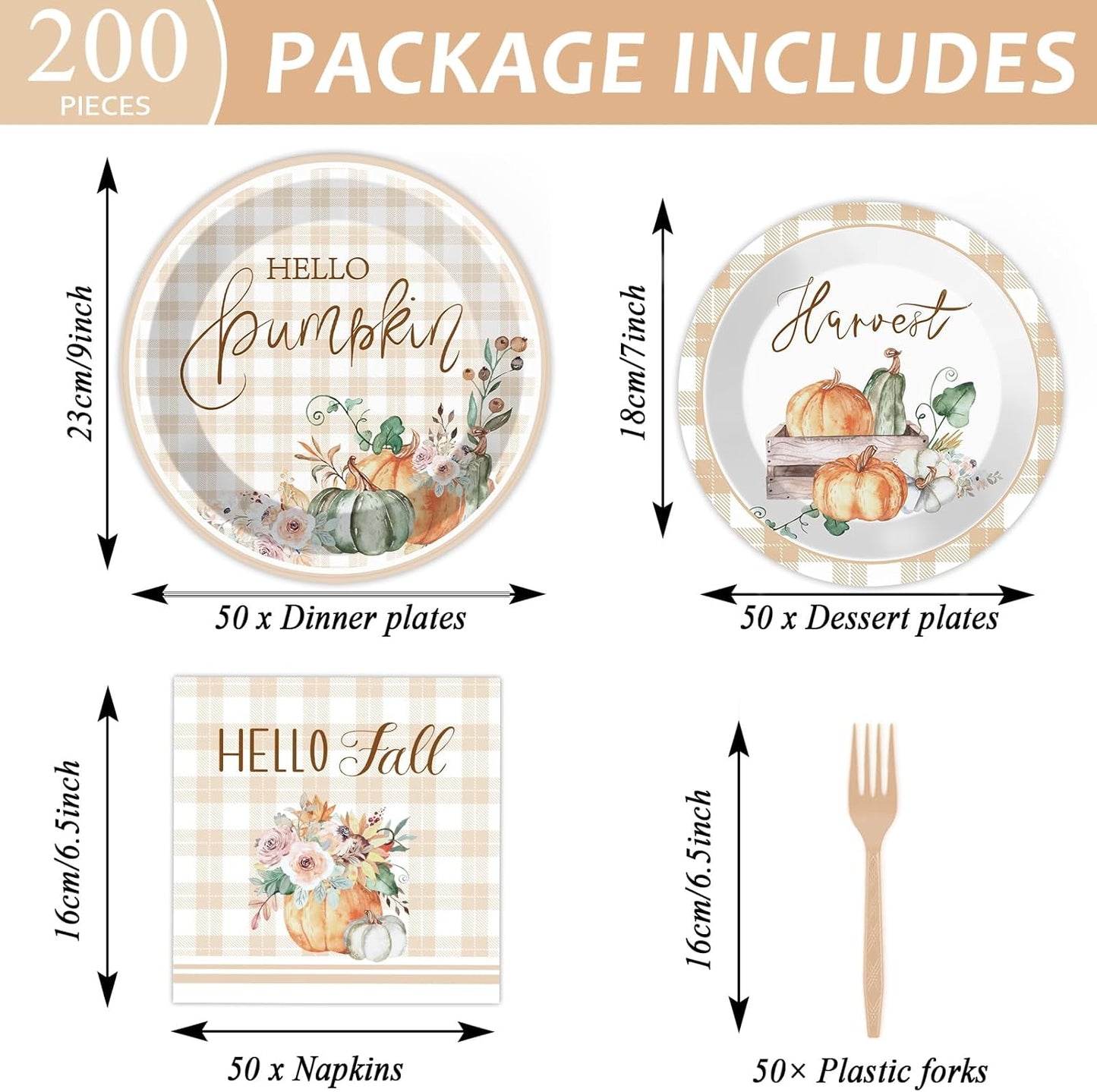 200 PCS Thanksgiving Tableware Disposable Watercolor Fall Pumpkins Party Supplies Buffalo Plaid napkin, Fall Dinnerware Set Happy Autumn Disposable Plates, Thanksgiving Party Decoration Serve 50 guest