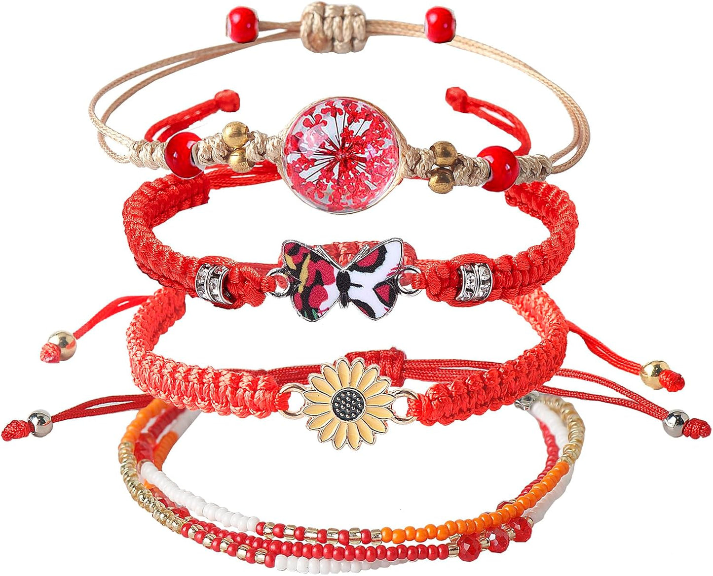 DS 4PCS String beads Charm Bracelets for Teen Girls Dainty cute cartoon Butterfly Daisy Eternal flower Beads Bracelets set for woman and girls Adjustable Stretch bracelet birthday Gift For Friends