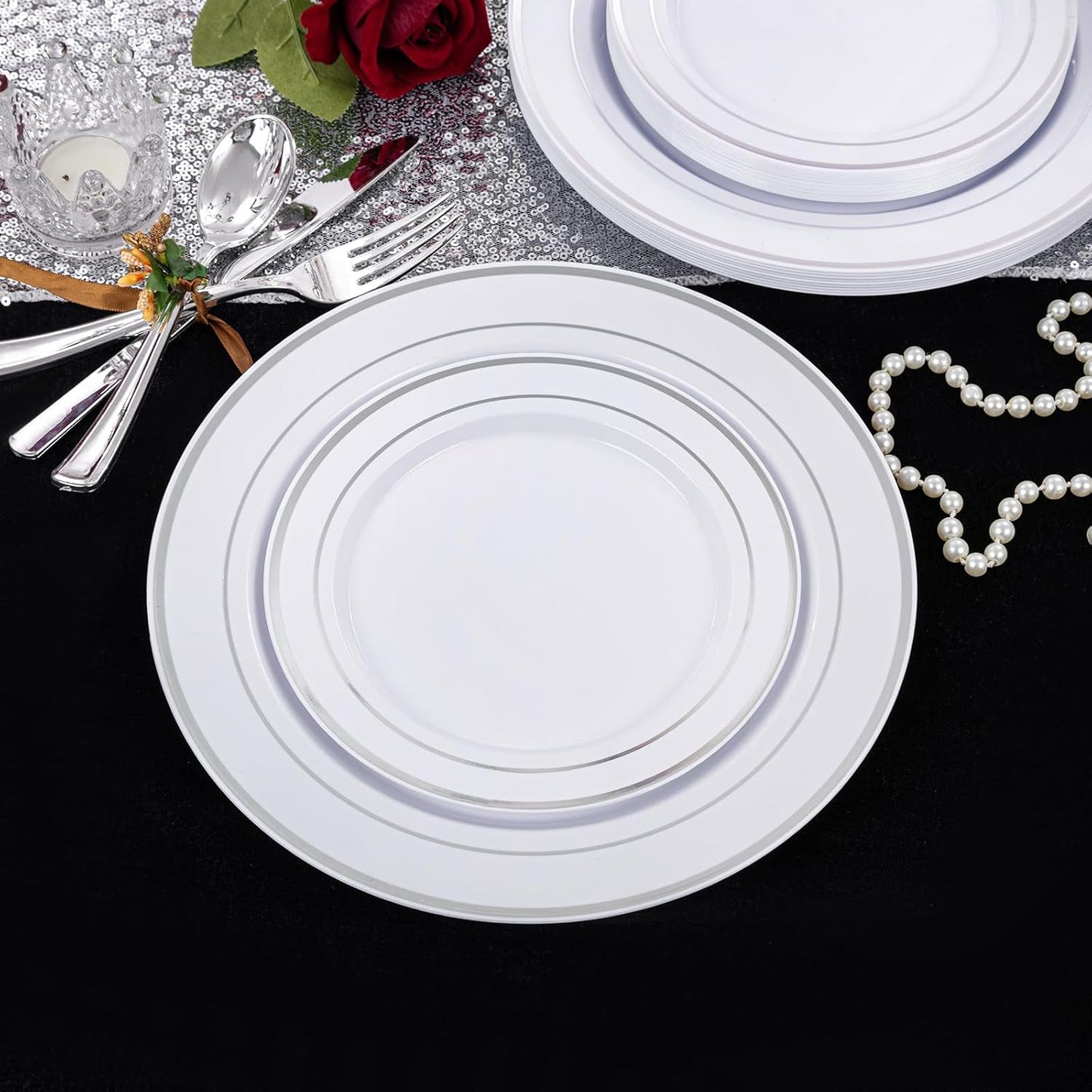 I00000 200 Pcs Silver Plastic Plates - Silver Disposable Party Plates Include 100 Dinner Plate and 100 Elegant Dessert Plate Perfect for Party, Holiday, Wedding & Birthday