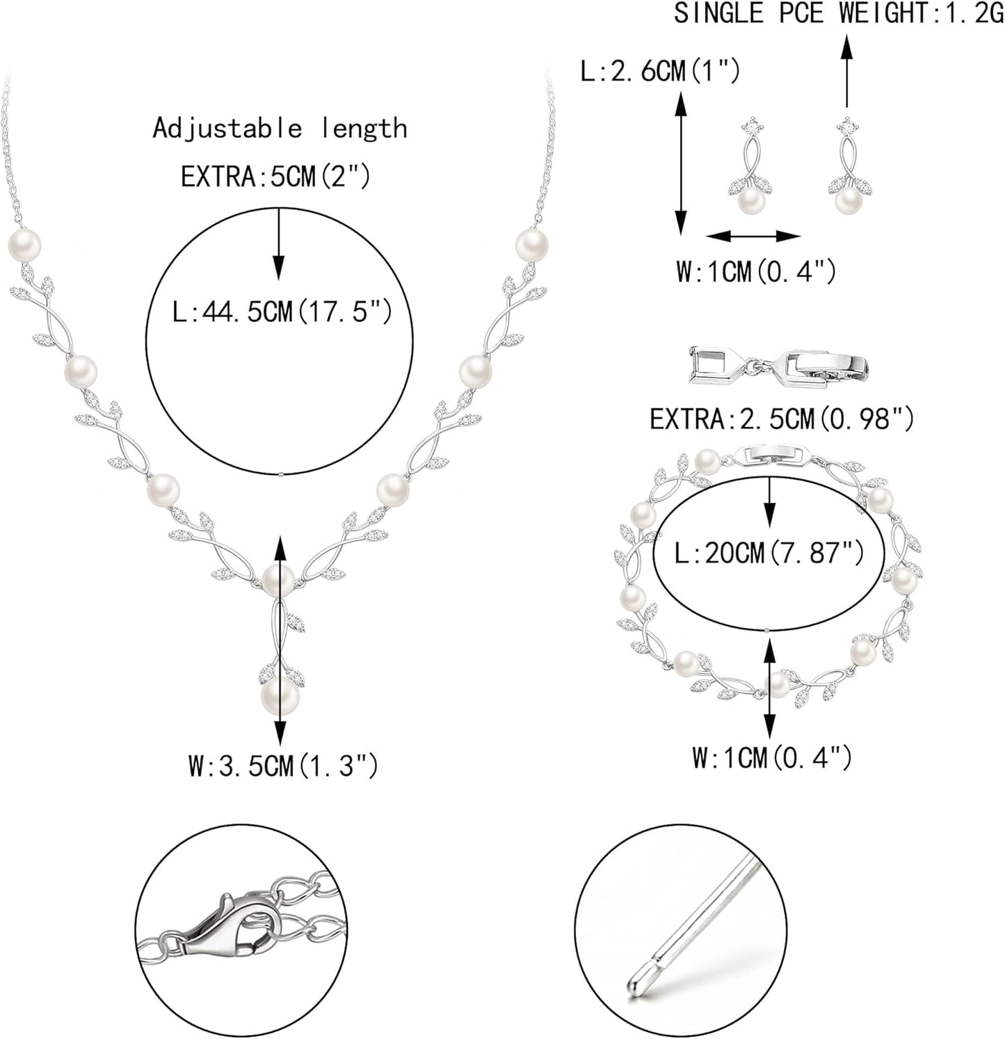 EVER FAITH Bridal Cubic Zirconia Jewelry Sets for Women, White Simulated Pearl Leaf Vine Pendant Wedding Party Necklace Earrings Set for Bridesmaid Bride