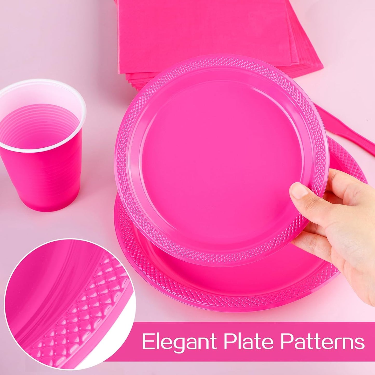 Aodaer 400 Pieces Hot Pink Party Supplies Disposable Dinnerware Set Include Plastic Plates Cups Knives Forks Spoons Paper Napkins for Birthday Wedding Graduation Parties, Serve 50 Guests
