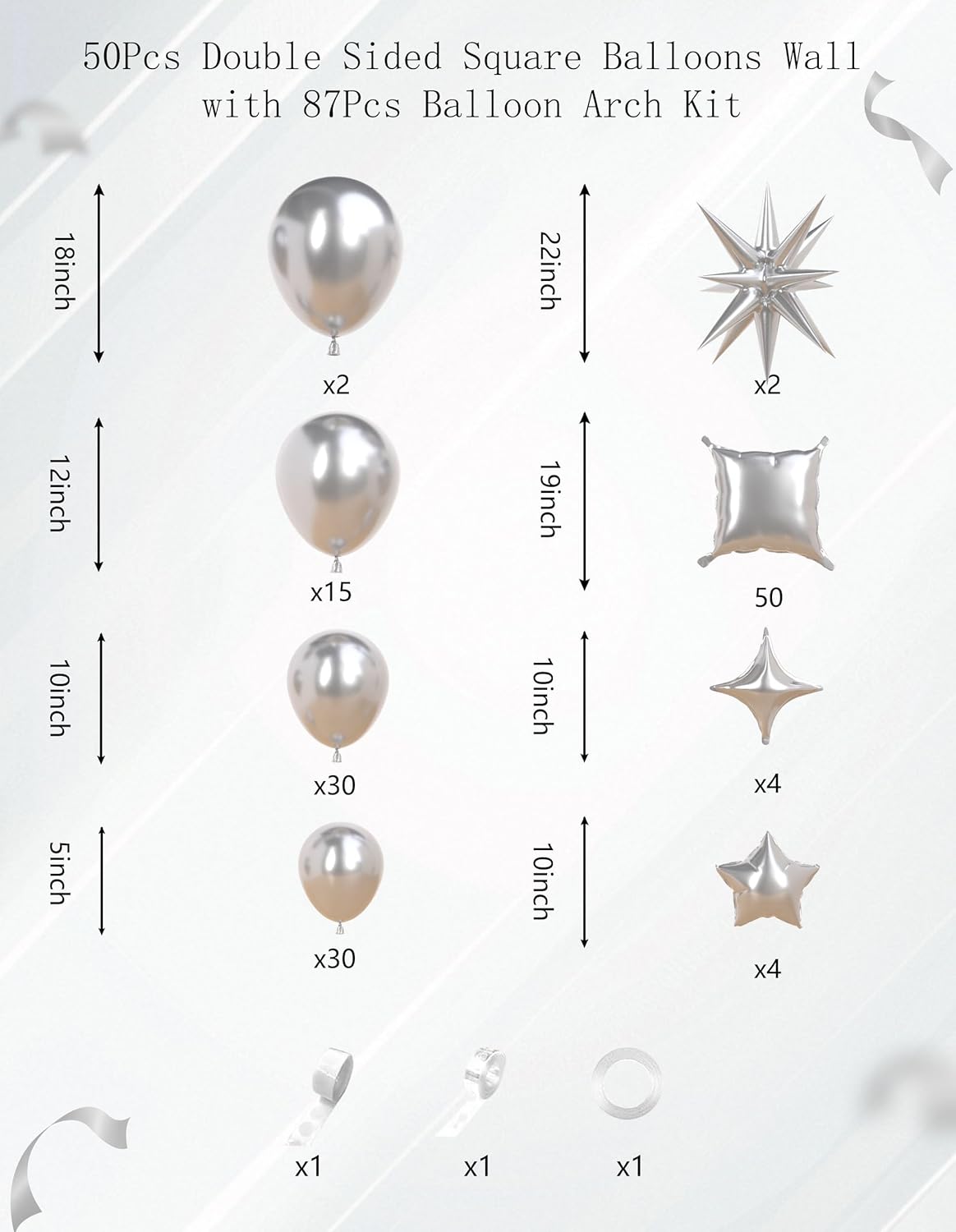 87pcs Silver Balloon Garland Arch Kit - 50pcs Square Foil Balloons Wall Backdrop for Birthday Party Anniversary Disco Graduation Prom Party Decorations