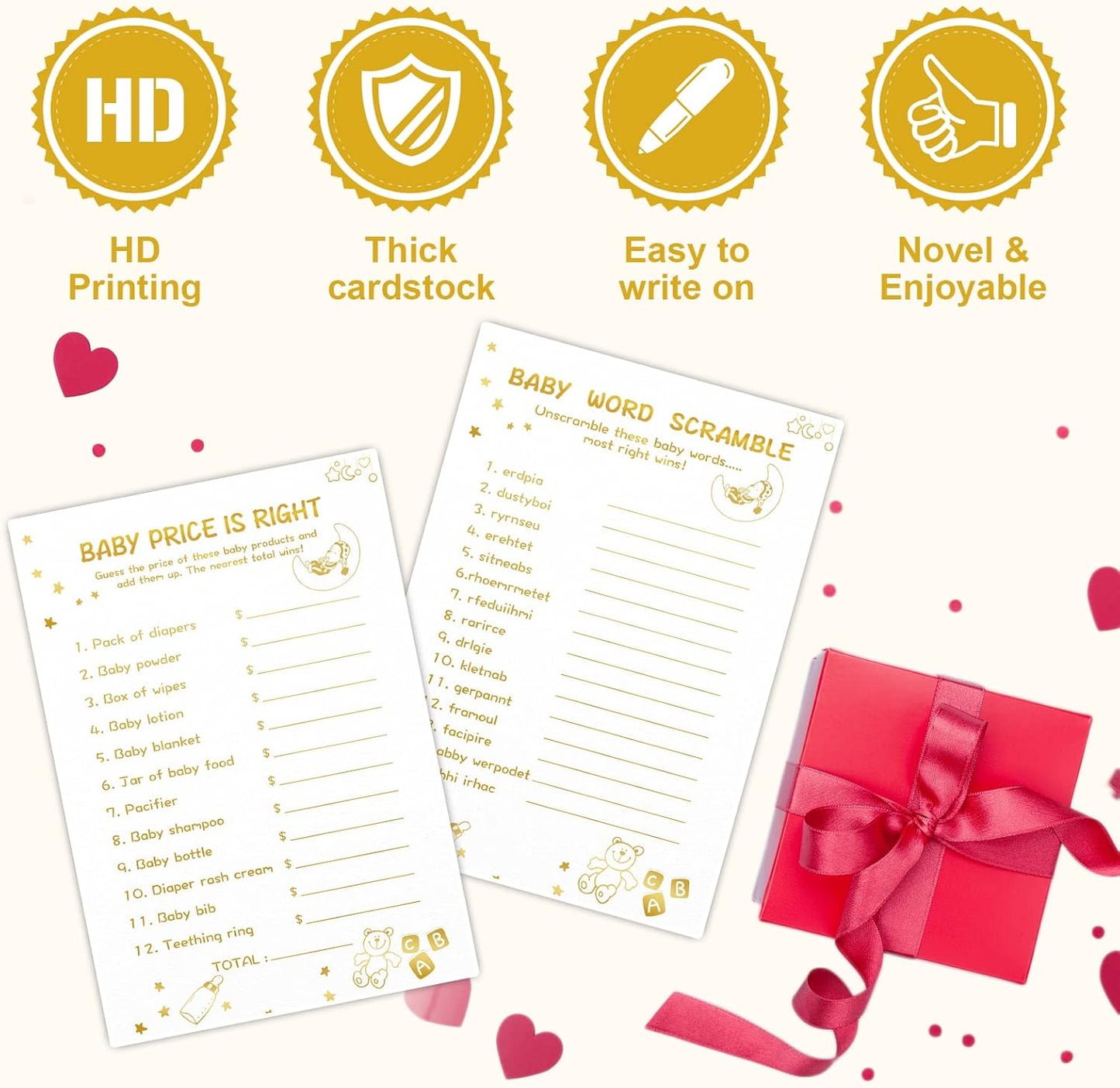 Baby Shower Games for Boy or Girl-2 Games(50 of Each),Double-Sided,Thick Cardboard,with Answer Keys