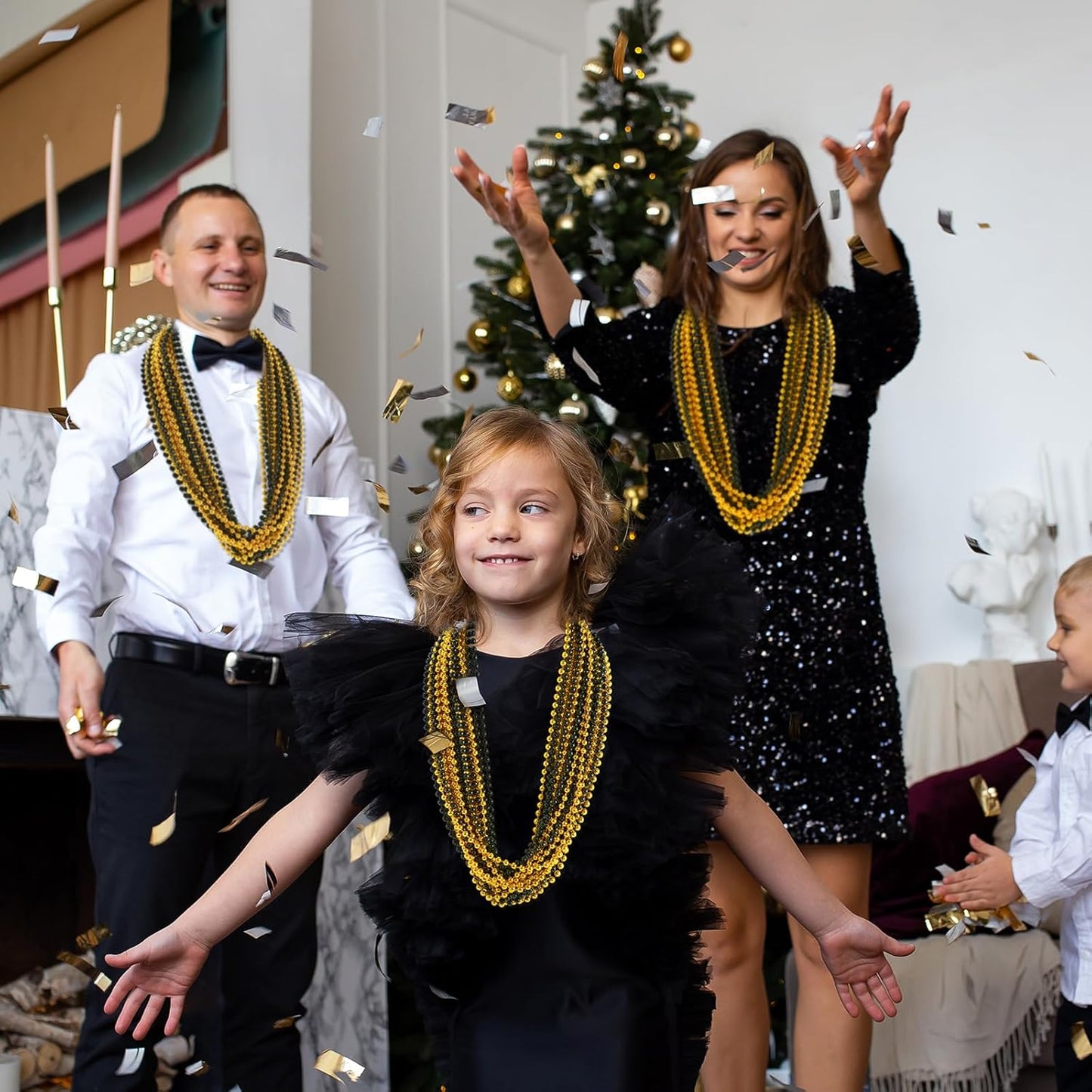 YAXINRUI 24 PCS Gold Black New Year Necklaces, New Year Bead Party Favors, Happy New Year Necklace, 33‘’ Gold Black Beaded Necklaces for 2026 New Years Eve Christmas Halloween Festive Events