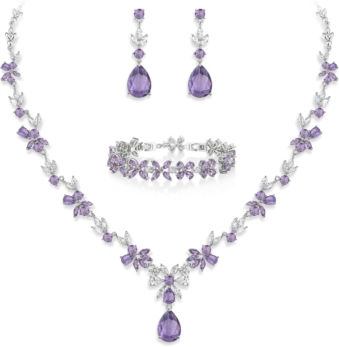 EVER FAITH Bridal Jewelry Set for Bride Bridesmaid, Flower Leaf Teardrop Cubic Zirconia Necklace Dangle Earrings Bracelet Sets Wedding Party for Women