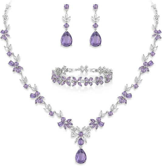 EVER FAITH Bridal Jewelry Set for Bride Bridesmaid, Flower Leaf Teardrop Cubic Zirconia Necklace Dangle Earrings Bracelet Sets Wedding Party for Women