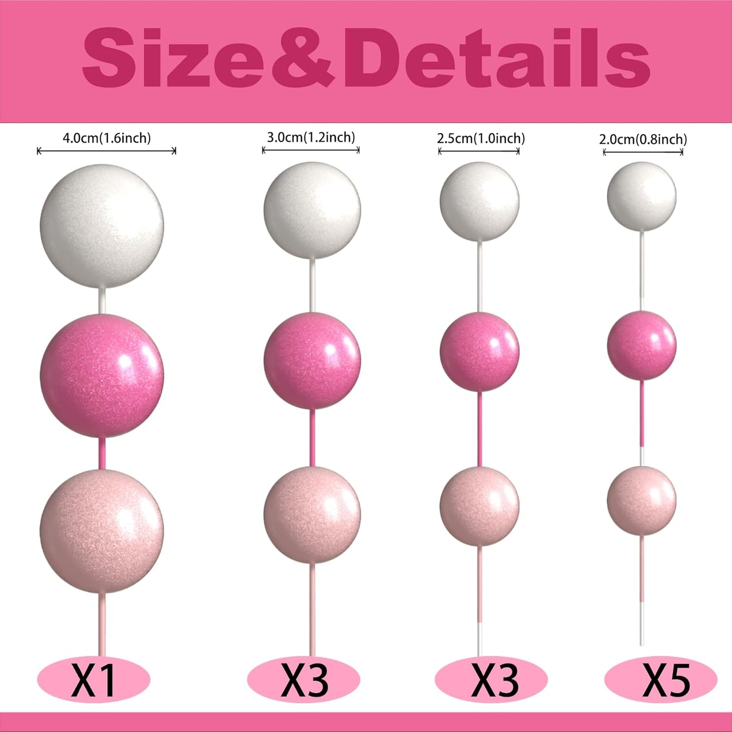 36 Pack Balls Cake Topper Decorations Foam Balloons Cake Decorations Balloons Cake Toppers Balls Cake Picks for Baby Shower Wedding Anniversary Birthday Party Decorations Light Pink Rose Red White