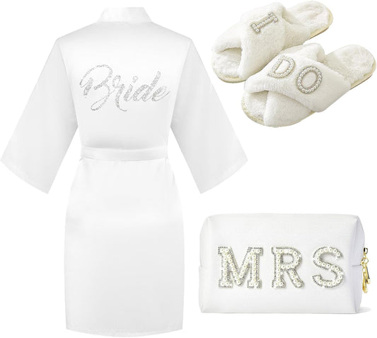Bride To Be Gift Set - Makeup Bag, Slippers, Robe, Hair Clip - Wedding Gifts