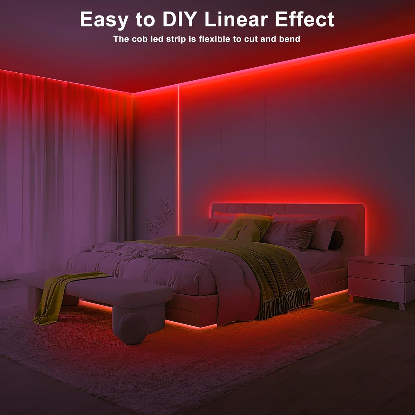 32.8ft Red COB Led Strip Lights with RF Remote, Dimmable Bright Dotless Adhesive Indoor Led COB Light Strip for Cabinet, Painting, Room, Bed