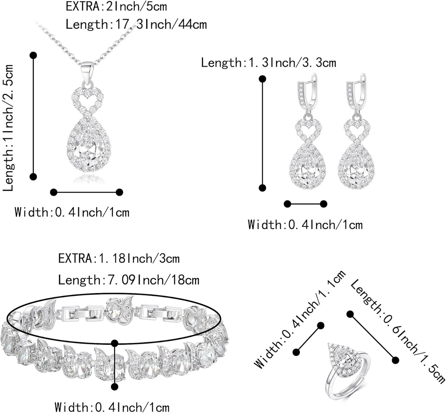 BriLove Wedding Jewelry Set for Women Bride Bridesmaid, Gorgeous Cubic Zirconia Teardrop Necklace Earrings Bracelet Adjustable Ring Jewelry Gift for Birthday/Anniversary/Mother’s Day