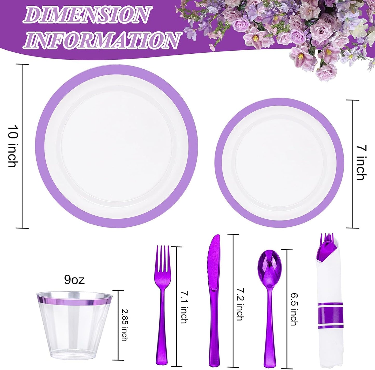 I00000 210 Pcs Clear Purple Plates for 30 Guests, Purple Dinnerware Include 60 Plates, 30 Cups, 30 Pre Rolled Napkins with Cutlery Set for Party and Wedding
