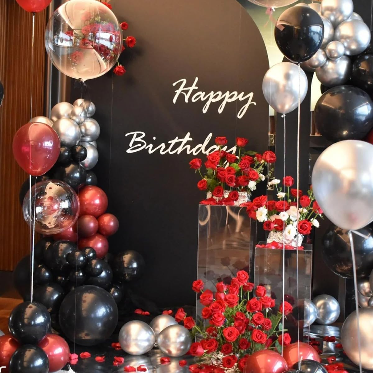 Black Red Metallic and Confetti Silver Balloons Garland Arch Kit, 147 Pcs Latex Balloon Different Sizes for Birthday Party Graduation Father's Day Anniversary Bachelorette Party Decoration