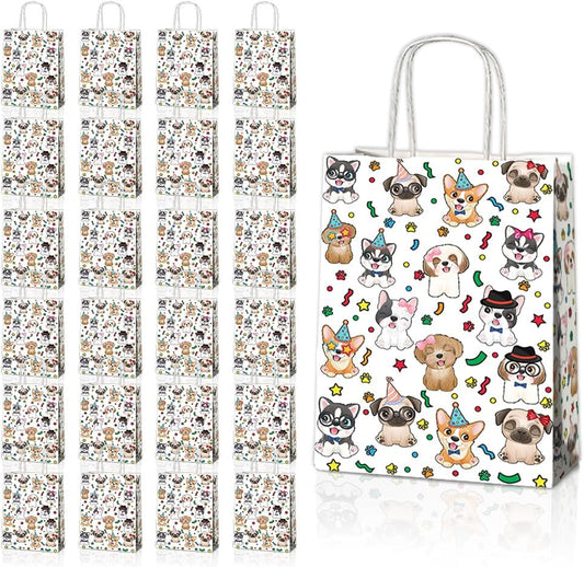 24 Pcs Puppy Party Favor Bags with Handles - Dog Goodie Bags Gift Candy Kraft Paper Bags for Kids Baby Shower Birthday Party