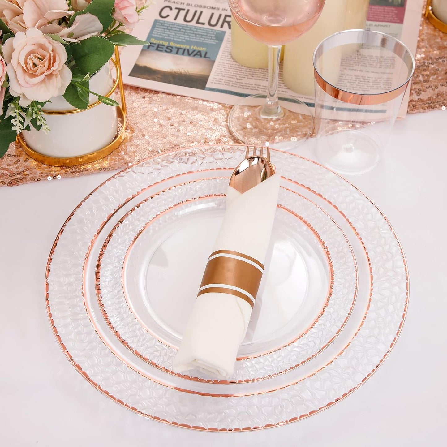 Liacere 350PCS Rose Gold Plastic Plates-Clear Rose Disposable Plates 50 Guests include 50 Dinner Plates,50 Salad Plates,50 Forks,50 Knives,50 Spoons,50 Cups,50 Napkins for Wedding&Party&Mother's Day
