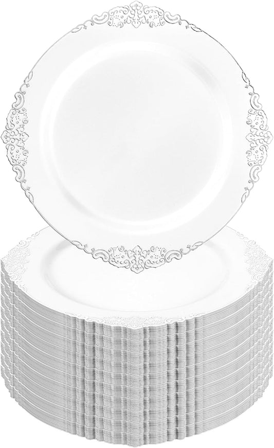 Goodluck 100PCS White and Silver Plastic Plates – 10.25” Heavy Duty Disposable Dinner Plates & Party Plates for Weddings, Parties, Events – Elegant, Sturdy