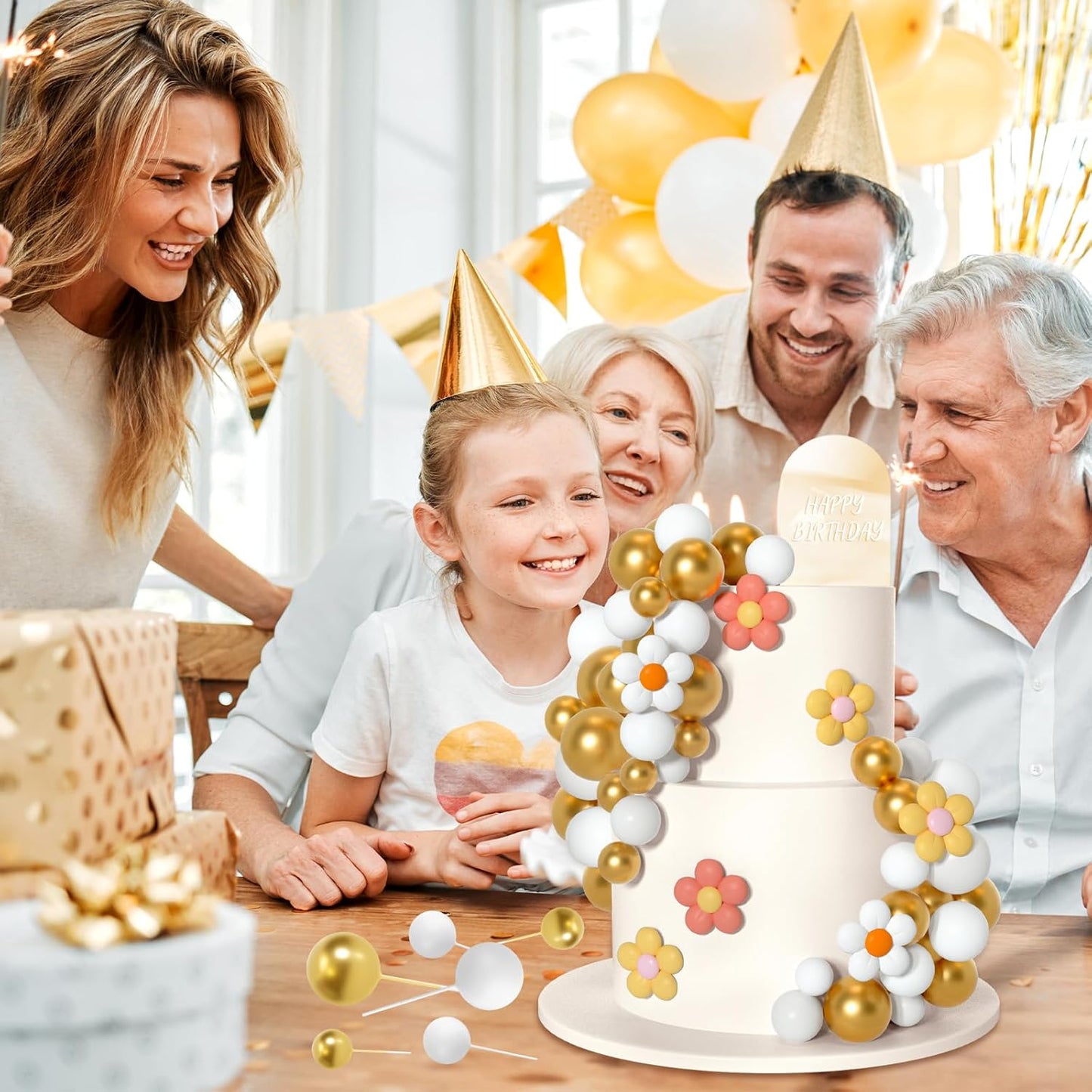 61 Pcs Boho Cake Topper Balls Decorations Mini Balloon Retro Hippie Daisy Flower Acrylic Cake Topper for Birthday Party Wedding Rainbow Baby Shower (White Gold)