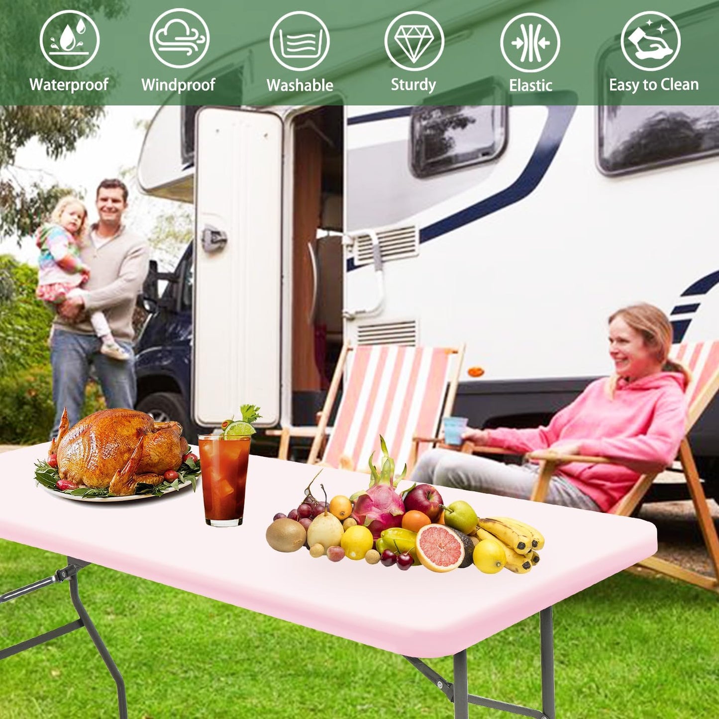 6 Pack Picnic Table Cover Fitted Elastic Tablecloth for 8 Foot Rectangle Tables Waterproof Stretch Washable Folding Indoor Outdoor Spandex Table Cloth for Parties Banquet Camping (Pink,30" x 96")