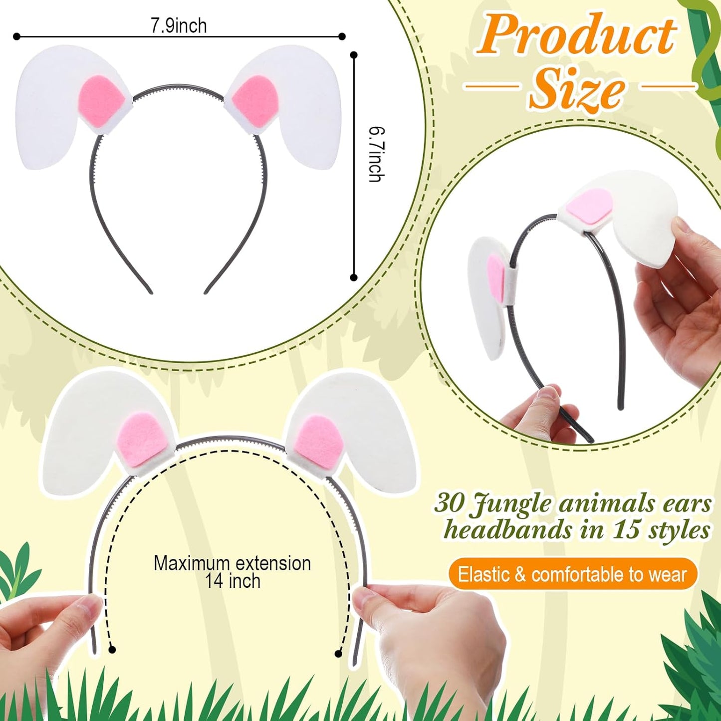 Kigeli 30 Pcs Jungle Animal Safari Ears Headbands for Hair Hoops Photo Booth Props One Birthday Halloween Favors