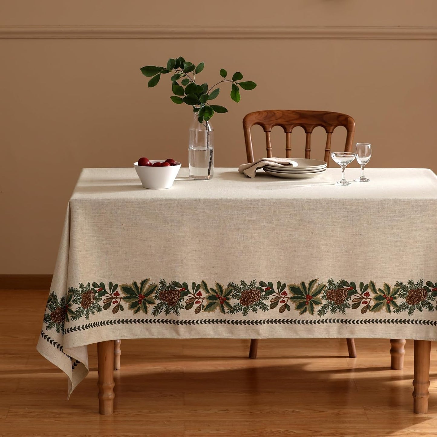 ISAENNE Designer Christmas Linen Small Rectangular Tablecloth,Light Beige Western Elegant Table Cloth,Wrinkle Resistant Decor Tablecloths for Dining Thanksgiving Kitchen Christmas,55"*71"-Carol G