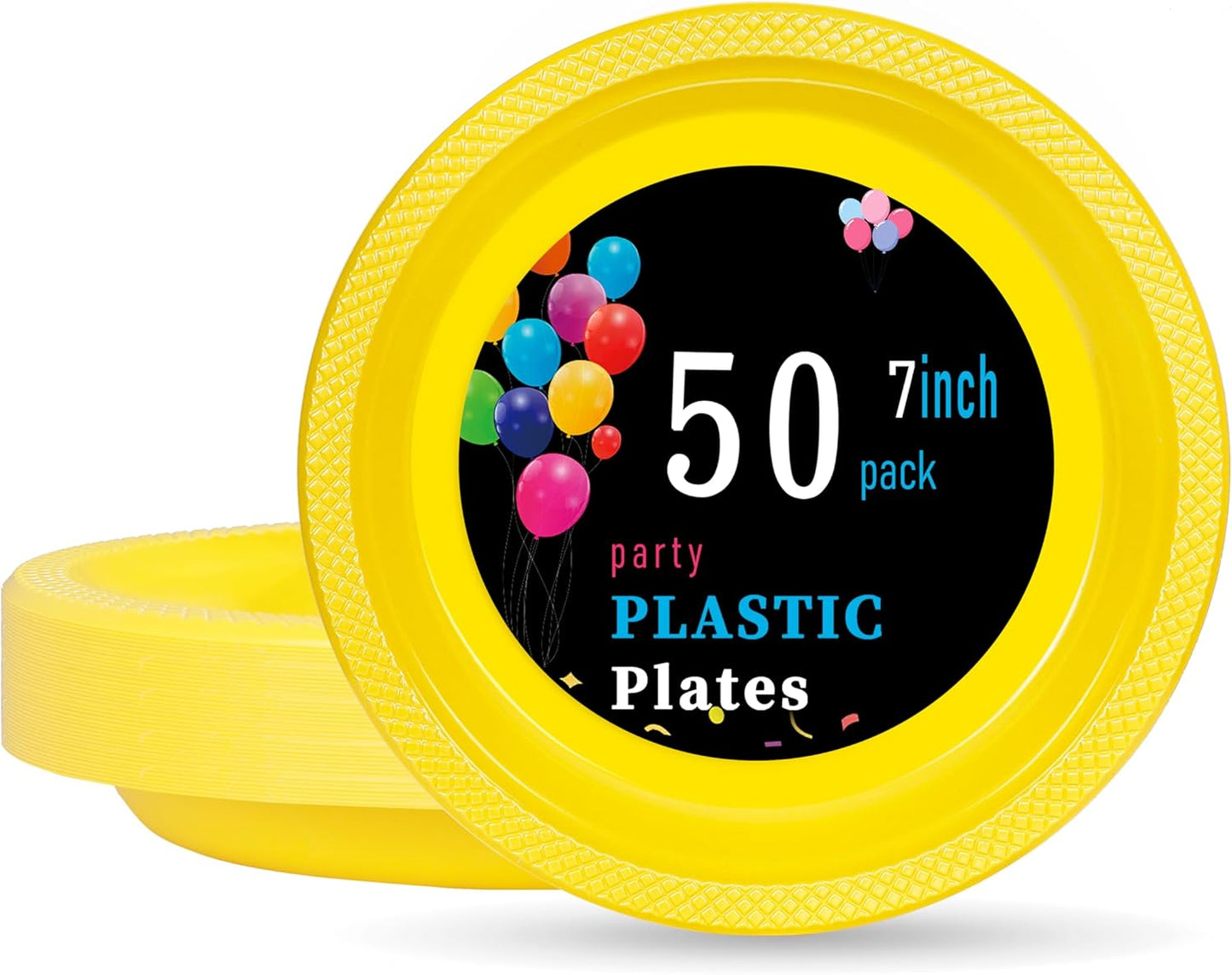 WELLIFE 7 Inch Plastic Plates Yellow 50 Count Disposable Plate for Party, Dessert Small Plates for Dinner Cake Salad Supplies Birthday