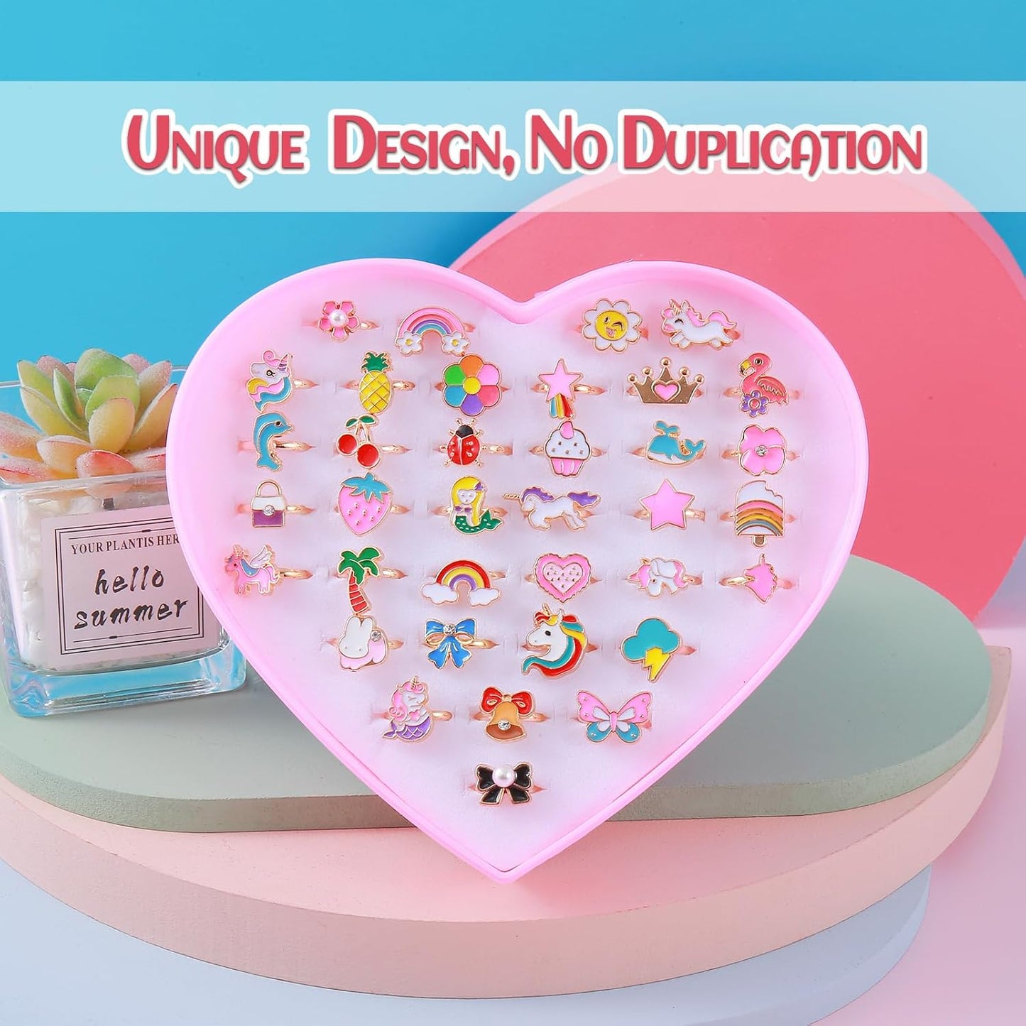 36pcs Little Girl Jewel Rings, Adjustable Unicorn Rings Toys, No Duplication Kids Play Ring in Box,Dress Up for 4-12 Year Old Girls, Birthday Christmas Valentine's Day Holiday Gifts