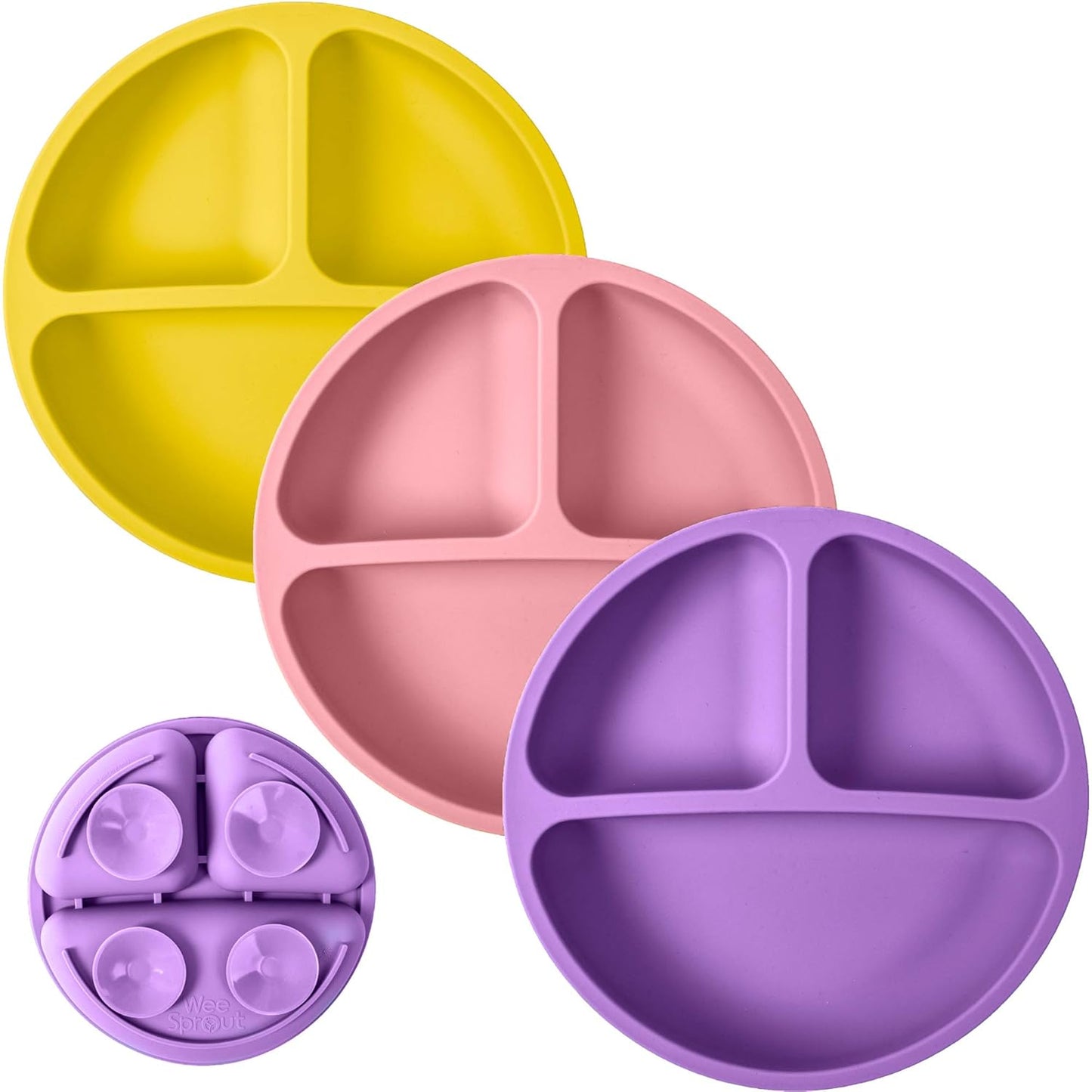 WeeSprout Suction Plates for Babies & Toddlers - 100% Silicone, Dinnerware Stays Put, Divided Design for Picky Eaters, Microwave & Dishwasher Friendly, 3 Pack