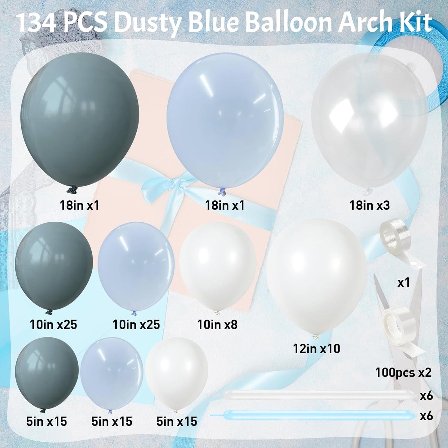Dusty Blue Balloons Arch Kit, 134 Pcs Muted Light Baby Slate Blue and White Balloon Garland mit 18 Inch Pale Clear Balloon *5, Long Balloon as Bow Decor for Baby Shower Boy Gender Reveal Wedding