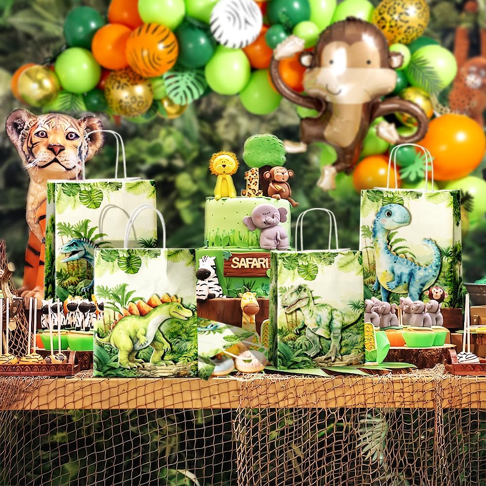 24 Pcs Dinosaur Party Favor Bags with Handles - T rex Goodie Bags Gift Bags. Dino Theme Candy Bags for Kids Boys, Kraft Paper Bags for Birthday Party Supplies, and Baby Shower Decorations.