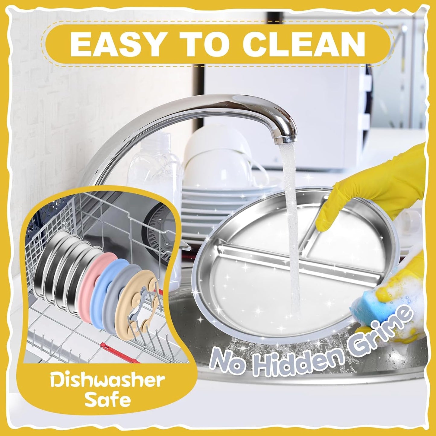 OVV Stainless Steel Kids Plates (2 Pack) – 9 Inch Toddler Divided Plates with ﻿Removable Silicone Sleeves & 5 Suction Cups Baby Self Feeding | Mess-Free Mealtime | Dishwasher Safe