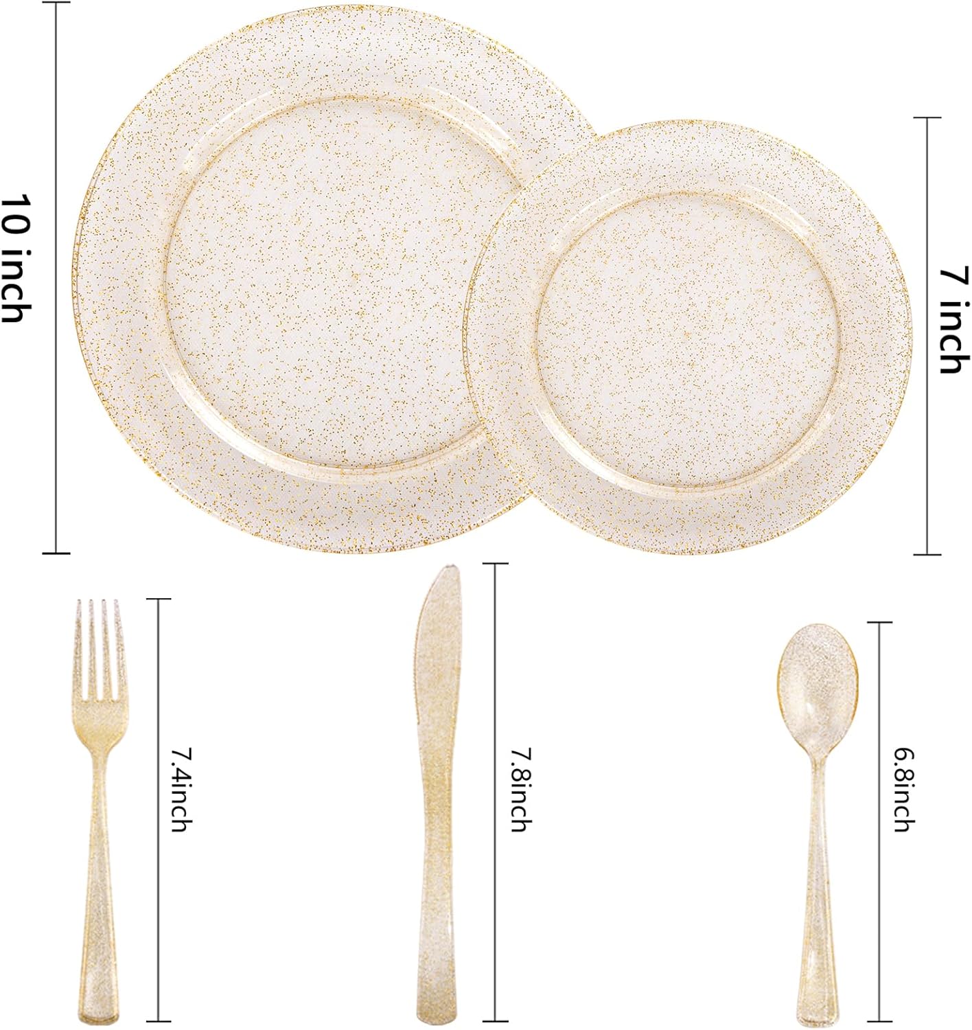 I00000 600Pcs Gold Glitter Plastic Plates for 100 Guests, Plastic Dinnerware Set of 100 Glitter Disposable Plates, 100 Dessert Plates, 200 Forks, 100 Knives and 100 Spoons Perfect for Party & Wedding