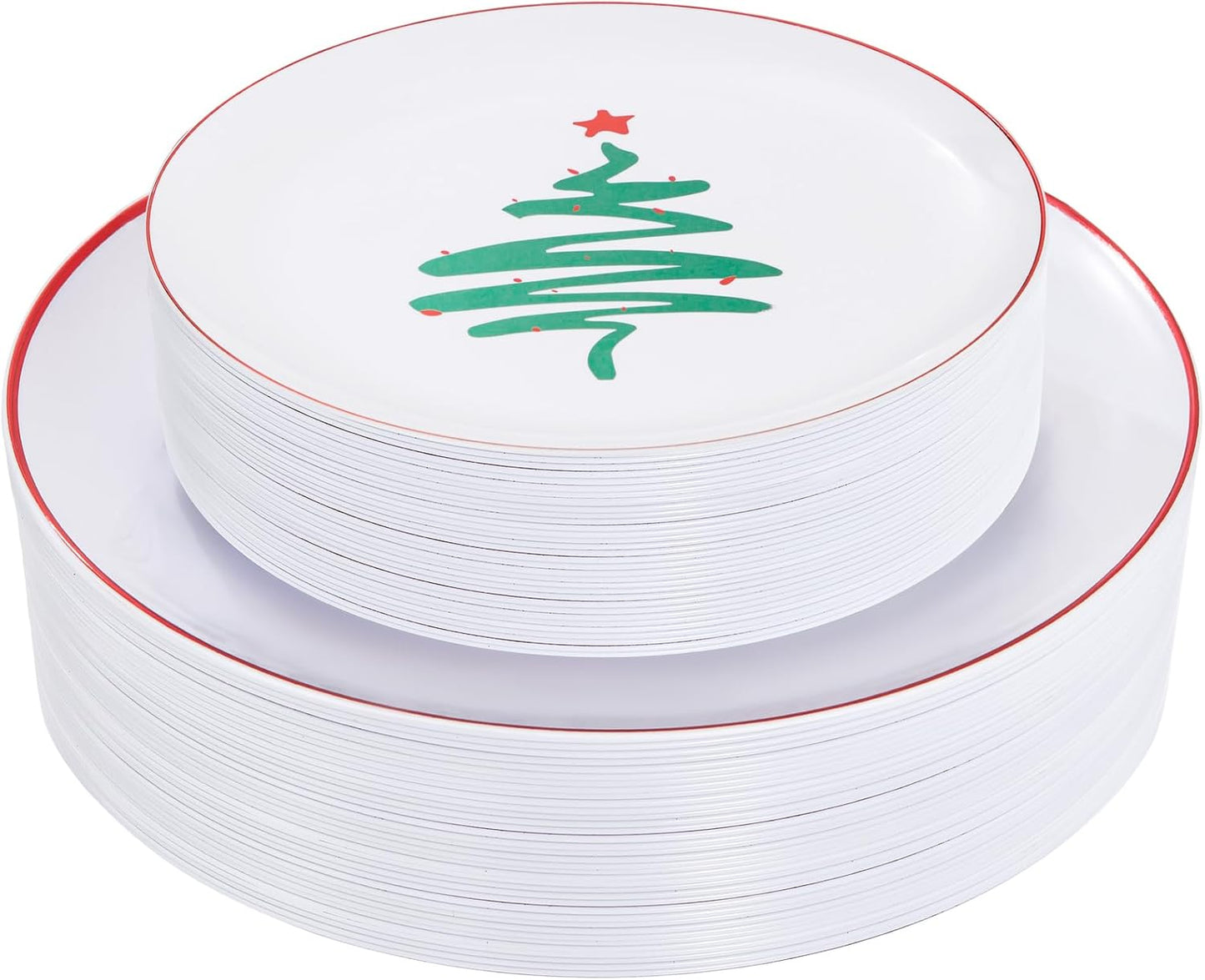 LIYH 60 Pcs Christmas Plates Disposable Heavy Duty, White Plastic Christmas Plates with Red Rim, Tableware Dishes, Xmas Party Decorations Holiday Party Supplies Serve for 30 Guests