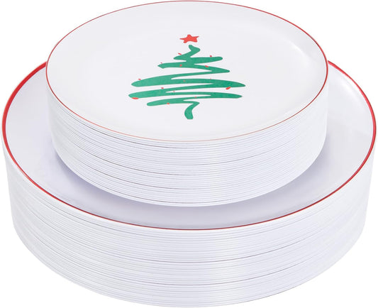LIYH 60 Pcs Christmas Plates Disposable Heavy Duty, White Plastic Christmas Plates with Red Rim, Tableware Dishes, Xmas Party Decorations Holiday Party Supplies Serve for 30 Guests