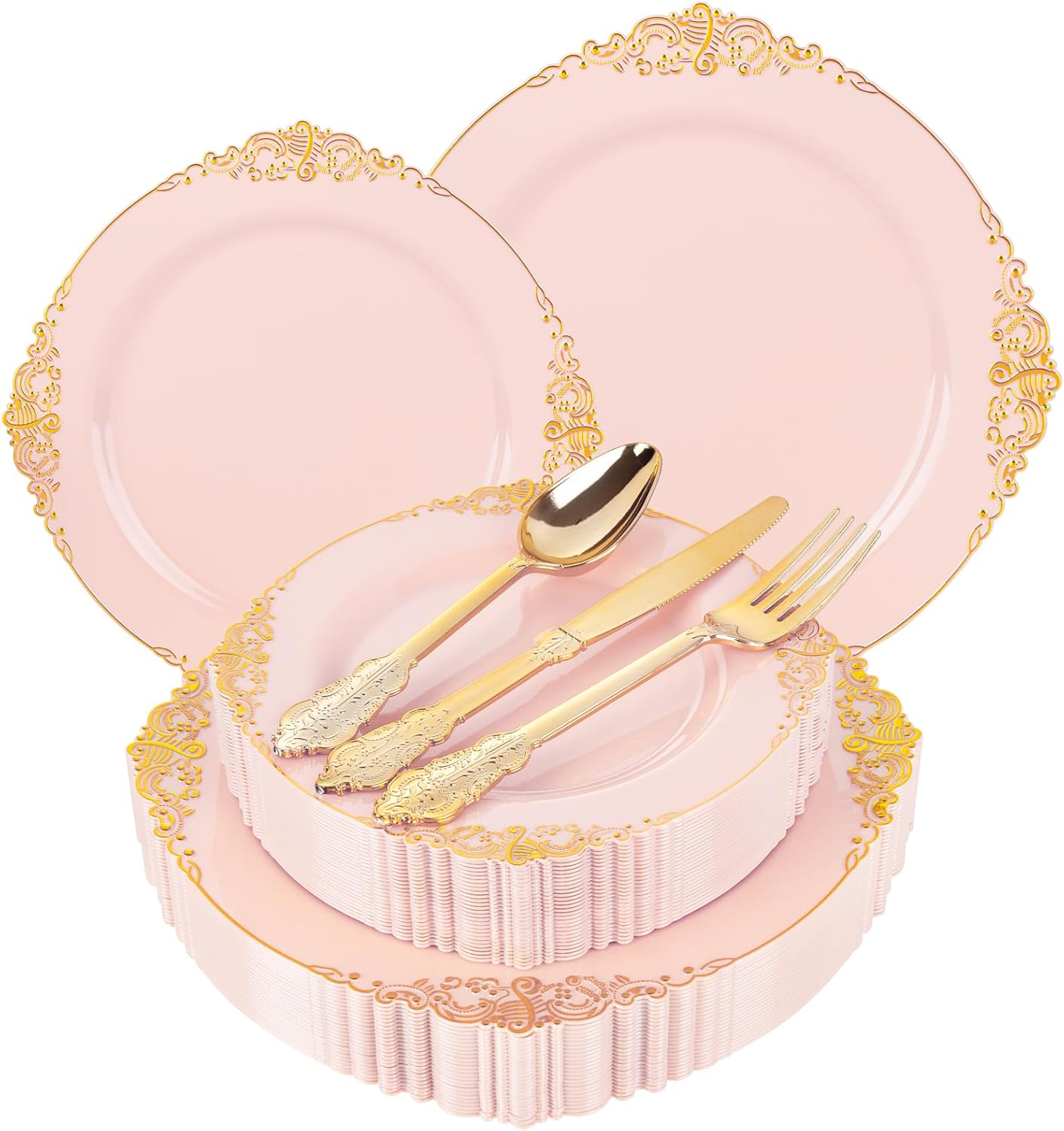 125PCS Pink and Gold Plastic Plates - Pink Disposable Plates - Vintage Plate with Gold Plastic Silverware Set for 25 Guests for Weddings Parties