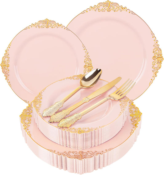 125PCS Pink and Gold Plastic Plates - Pink Disposable Plates - Vintage Plate with Gold Plastic Silverware Set for 25 Guests for Weddings Parties